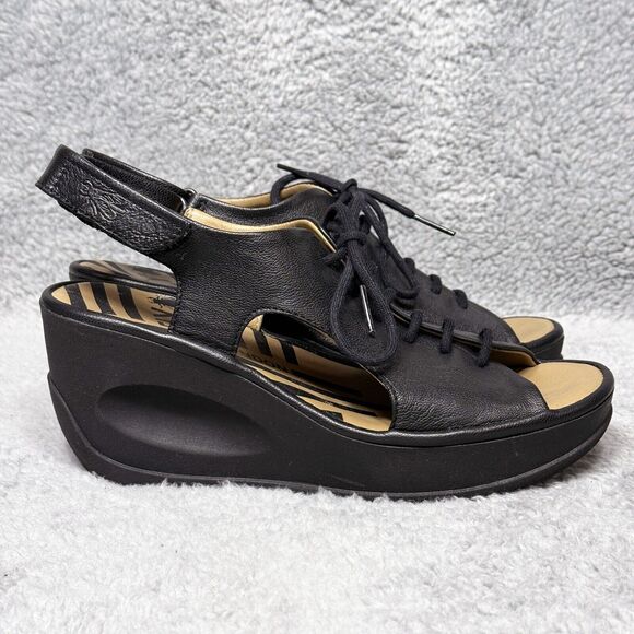 Fly London Jart862Fly Womens Size 37 US 6-6.5 Wedge Sandals Shoes Black Leather - Picture 1 of 10